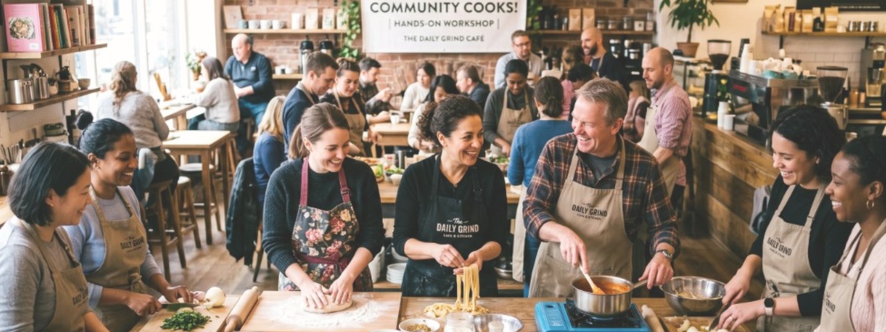 Community cooking workshop at a café with customers preparing food together