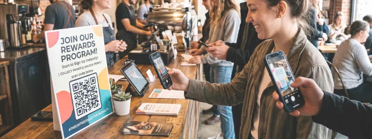 Customer tapping an NFC stand or scanning a QR code at a café counter