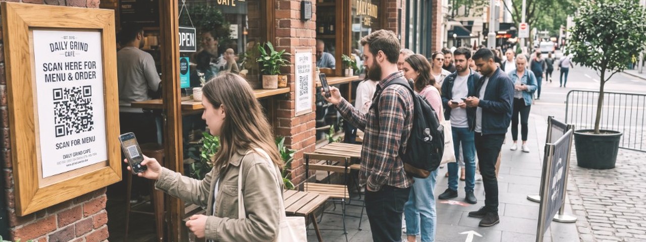 Customer using their phone while waiting in a café queue or at a table