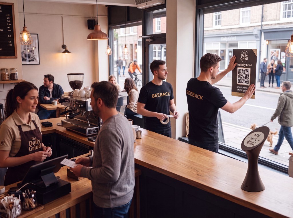 BeeBack staff installing a QR loyalty poster and NFC touchpoint in a busy café
