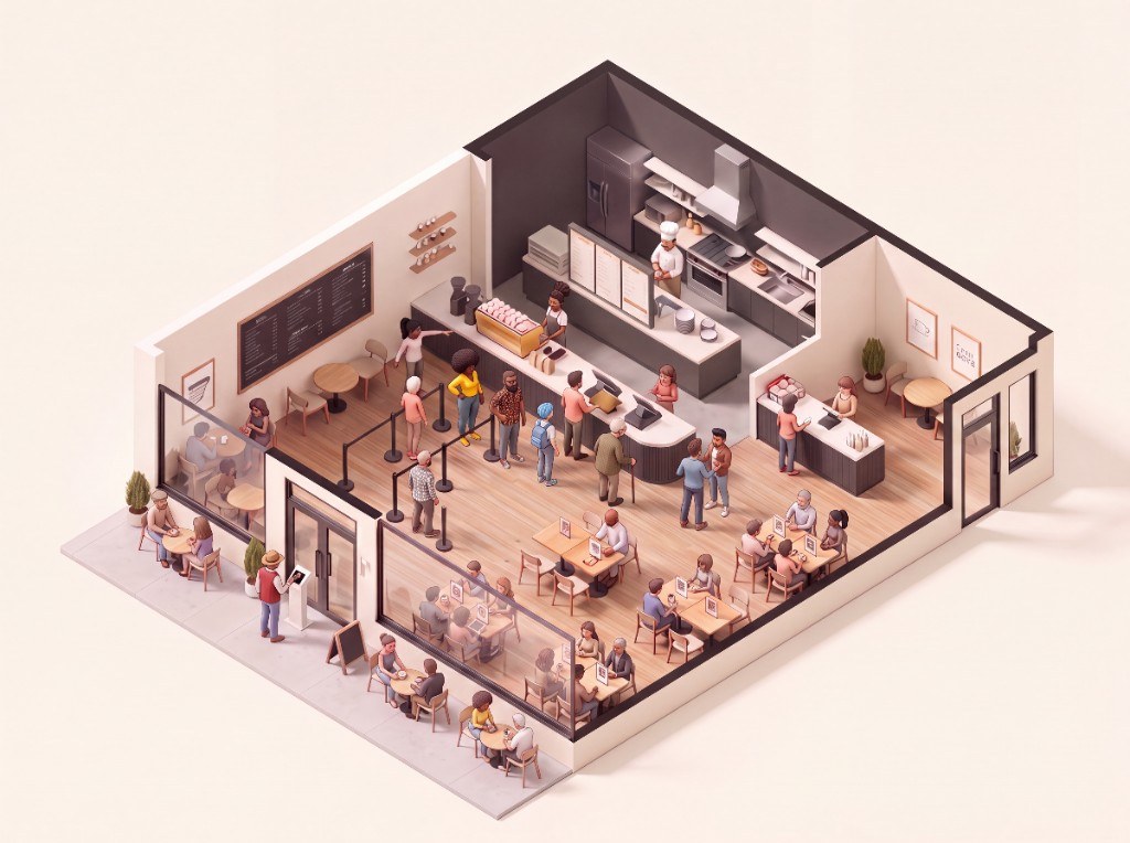 Clean isometric café showing entrance, queue, counter, kitchen, seating and pickup areas